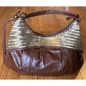NWT($650)! Elisa Atheniense RIO Sequin Hobo Bag - Chocolate Leather & Gold Mesh